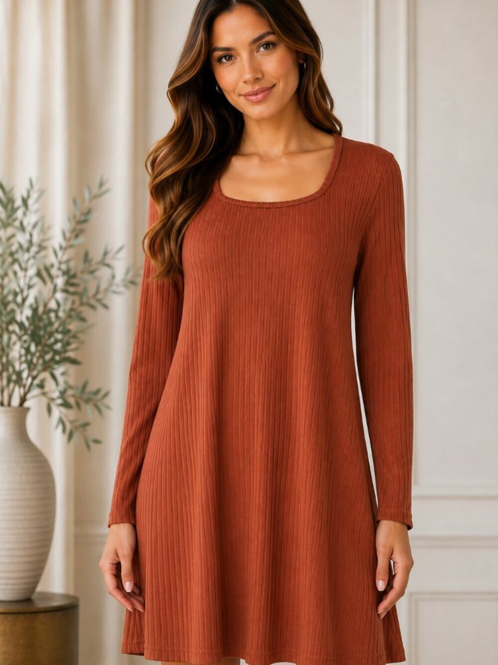 Old Navy Ribbed Knit Swing Dress Rust Long Sleeve Medium